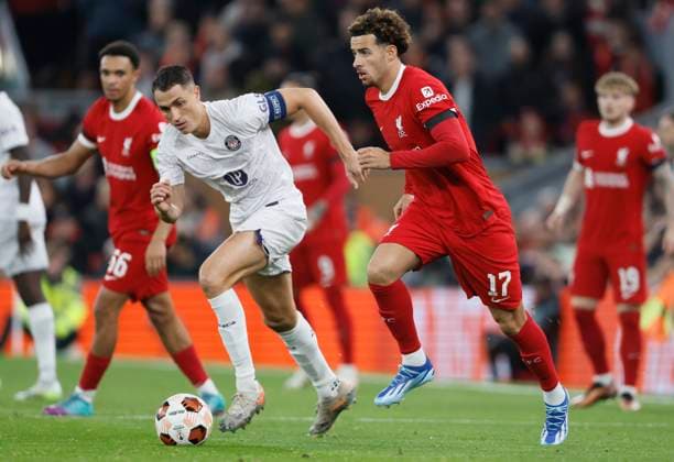 Liverpool FC v Toulouse FC: Group E - UEFA Europa League 2023 24 Vincent Sierro of Toulouse and Curtis Jones of Liverpool in action during the UEFA Europa League 2023 24 match between Liverpool FC and Toulouse FC at Anfield on October 26, 2023 in Liverpool, England. Liverpool Anfield England United Kingdom Copyright: xRichardxSellers Sportsphoto APLx 13958542
