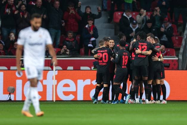 26 10 2023, Football, 2023 2024 season, UEFA Europa League, Group stage, Matchday 3, Bayer 04 Leverkusen Qarabag Agdam, Bayer Leverkusen players celebrate the goal to 1 0 by Florian Wirtz Bayer 04 Leverkusen , Leverkusen BayArena NRW Germany xRHR PHOTO ENx Copyright: DennisxEwert RHR-FOTOx RHR-FOTO DE