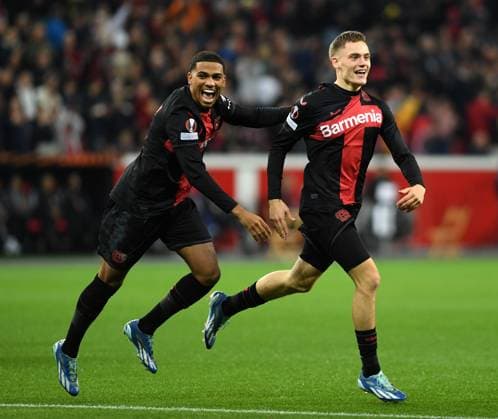 26 10 2023, Leverkusen, Germany, BayARENA, Bayer Leverkusen vs Qarabag Agdam UEFA Europa League 2023 2024 Group H, Florian Wirtz Bayer 04 Leverkusen goal celebration, cheers with his team after scoring 1 0 Photo Ralf Treese Leverkusen BayARENA North Rhine Westphalia Germany. 521_LEVQAR20231026_003 Treese-521
