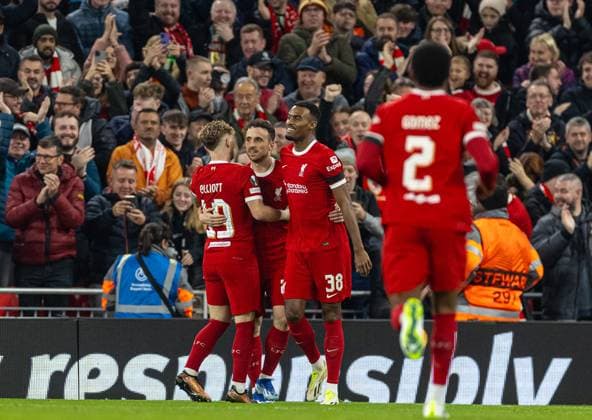 Football - UEFA Europa League - Group E - Liverpool FC v Toulouse FC LIVERPOOL, ENGLAND - Thursday, October 26, 2023: Liverpool s Diogo Jota (C) celebrates after scoring the first goal during the UEFA Europa League Group E matchday 3 game between Liverpool FC and Toulouse FC at Anfield. (Photo by David Rawcliffe Propaganda) LIVERPOOL Anfield MERSEYSIDE ENGLAND  Copyright: xDavidxRawcliffex P2023-10-26-Liverpool_Toulouse-23