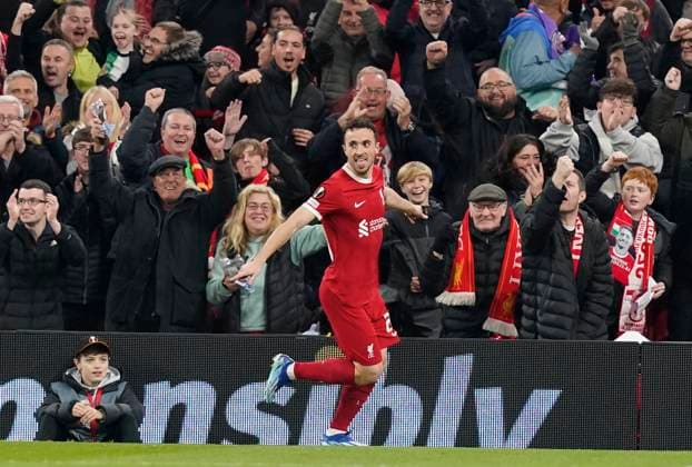 Liverpool, England, 26th October 2023. Diogo Jota of Liverpool celebrates scoring the first goal during the UEFA Europa League match at Anfield, Liverpool. Picture credit should read: Andrew Yates Sportimage EDITORIAL USE ONLY. No use with unauthorised audio, video, data, fixture lists, club league logos or live services. Online in-match use limited to 120 images, no video emulation. No use in betting, games or single club league player publications. SPI-2678-0021