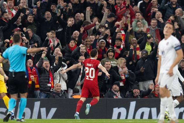 Liverpool v Toulouse Europa League 26 10 2023. GOAL 1-0 Liverpool forward Diogo Jota (20) scores and celebrates during the Europa League match between Liverpool and Toulouse at Anfield, Liverpool, England on 26 October 2023. Editorial use only , Copyright: xIanxStephenx PSI-18281-0007