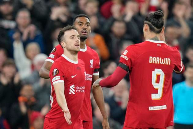 UEFA Europa League Liverpool v Toulouse Diogo Jota 20 of Liverpool celebrates scoring to make it 1-0 during the UEFA Europa League match Liverpool vs Toulouse at Anfield, Liverpool, United Kingdom, 26th October 2023 (Photo by Steve Flynn News Images) Liverpool Anfield Merseyside United Kingdom Copyright: xStevexFlynn NewsxImagesx
