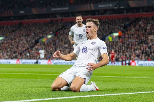 Football - UEFA Europa League - Group E - Liverpool FC v Toulouse FC LIVERPOOL, ENGLAND - Thursday, October 26, 2023: Toulouse s Thijs Dallinga celebrates after scoring the first equalising goal during the UEFA Europa League Group E matchday 3 game between Liverpool FC and Toulouse FC at Anfield. (Photo by David Rawcliffe Propaganda) LIVERPOOL Anfield MERSEYSIDE ENGLAND  Copyright: xDavidxRawcliffex P2023-10-26-Liverpool_Toulouse-30