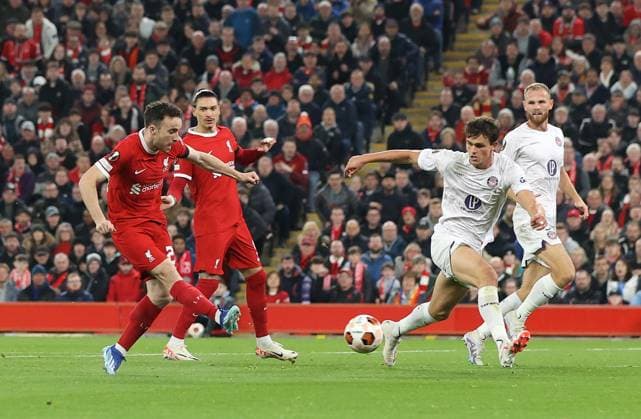 26th October 2023; Anfield, Liverpool, Merseyside, England; Europa League Football, Liverpool versus Toulouse; Diogo Jota of Liverpool scores the opening goal after 8 minutes  ActionPlus12569176 DavidxBlunsden