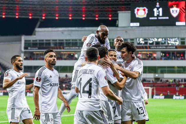 Goal, goal celebration, to 1 1 by Toral Bayramov Qarabag Agdam, 27 , GER, Bayer 04 Leverkusen vs Qarabag Agdam, UEFA Europa League 2023 24, group stage, match day 3, 26 10 2023, GER, Bayer 04 Leverkusen vs Qarabag Agdam, UEFA Europa League 2023 24, group stage, match day 3, 26 10 2023, Photo Eibner Press Photo Gabriel Boia Leverkusen. Copyright: xGabrielxBoiax EP_EER