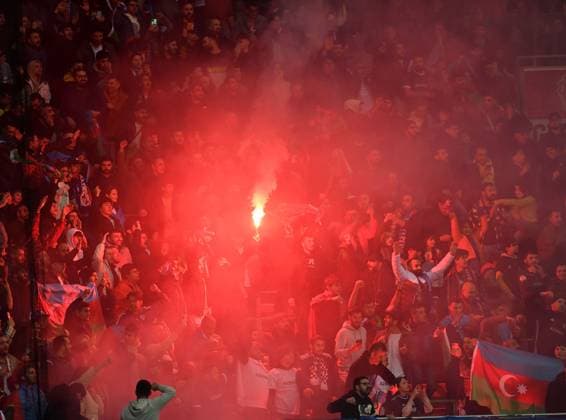 26 10 2023, Leverkusen, Germany, BayARENA, Bayer Leverkusen vs Qarabag Agdam UEFA Europa League 2023 2024 Group H, Fans Qarabag fans with pyrotechnics Photo Ralf Treese Leverkusen BayARENA North Rhine Westphalia Germany 521_LEVQAR20231026_010 Treese-521