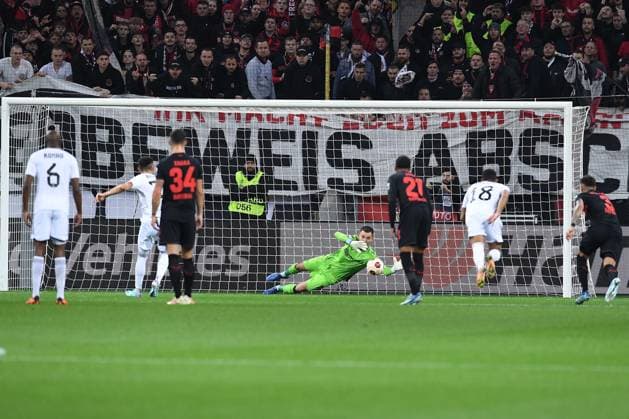 Soccer Europa League group stage 3 matchday Bayer 04 Leverkusen Qarabag Agdam on 26 10 2023 at BayArena in Leverkusen Tural Bayramov Agdam kicks a penalty to 1 1 xRx
