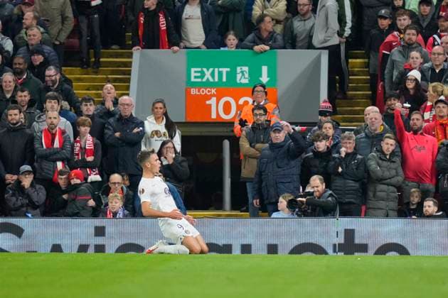 UEFA Europa League Liverpool v Toulouse Thijs Dallinga 9 of Toulouse celebrates scoring to make it 1-1 during the UEFA Europa League match Liverpool vs Toulouse at Anfield, Liverpool, United Kingdom, 26th October 2023 (Photo by Steve Flynn News Images) Liverpool Anfield Merseyside United Kingdom Copyright: xStevexFlynn NewsxImagesx