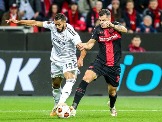Juninho Qarabag Agdam, 18 one-on-one with Granit Xhaka Bayer 04 Leverkusen, 34 , GER, Bayer 04 Leverkusen vs Qarabag Agdam, UEFA Europa League 2023 24, group stage, match day 3, 26 10 2023, GER, Bayer 04 Leverkusen vs Qarabag Agdam, UEFA Europa League 2023 24, group stage, match day 3, 26 10 2023, Photo Eibner Press Photo Gabriel Boia Leverkusen. Copyright: xGabrielxBoiax EP_EER