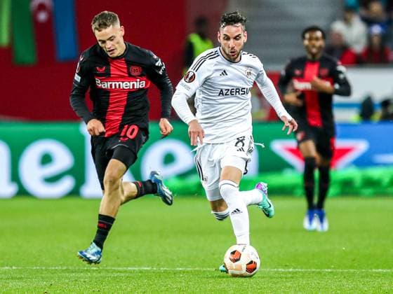 Marco Jankovic Qarabag Agdam, 08 in a duel against Florian Wirtz Bayer 04 Leverkusen, 10 , GER, Bayer 04 Leverkusen vs Qarabag Agdam, UEFA Europa League 2023 24, group stage, match day 3, 26 10 2023, GER, Bayer 04 Leverkusen vs Qarabag Agdam, UEFA Europa League 2023 24, group stage, match day 3, 26 10 2023, Photo Eibner Press Photo Gabriel Boia Leverkusen. Copyright: xGabrielxBoiax EP_EER