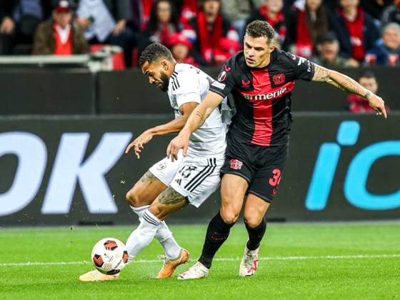 Juninho Qarabag Agdam, 18 one-on-one with Granit Xhaka Bayer 04 Leverkusen, 34 , GER, Bayer 04 Leverkusen vs Qarabag Agdam, UEFA Europa League 2023 24, group stage, match day 3, 26 10 2023, GER, Bayer 04 Leverkusen vs Qarabag Agdam, UEFA Europa League 2023 24, group stage, match day 3, 26 10 2023, Photo Eibner Press Photo Gabriel Boia Leverkusen. Copyright: xGabrielxBoiax EP_EER