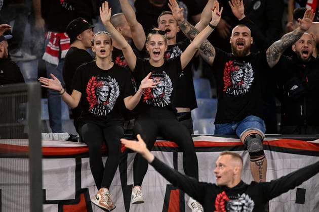 Slavia supporters cheer on during the Europa League Group G football match between AS Roma and SK Slavia Prague at Olimpico stadium in Rome (Italy), October 26th, 2023. andreaxstaccioli
