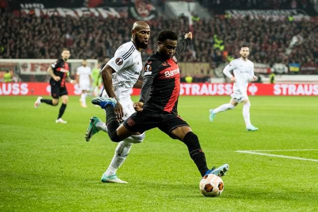 UEFA Europa League, Bayer 04 Leverkusen Qarabag Agdam 26 10 2023 Kevin Medina Qarabag Agdam, 81 , Nathan Tella Bayer 04 Leverkusen, 19 UEFA Europa League, Bayer 04 Leverkusen Qarabag Agdam, BayArena Leverkusen 26 10 2023 Copyright: xBEAUTIFULxSPORTS Wunderlx