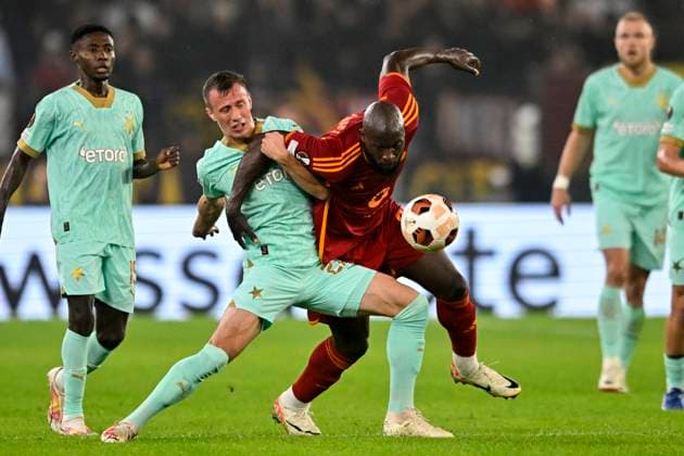 Tomas Vlcekof Slavia Prague and Romelu Lukaku of AS Roma compete for the ball during the Europa League Group G football match between AS Roma and SK Slavia Prague at Olimpico stadium in Rome (Italy), October 26th, 2023. andreaxstaccioli