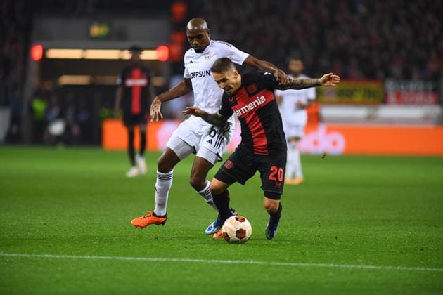 LEVERKUSEN, GERMANY - 26.10.23: Alex Grimaldo, The match of match UEFA Europa League Bayer 04 Leverkusen vs Qarabag FK at Bayarena  Copyright: xVITALIIxKLIUIEVx