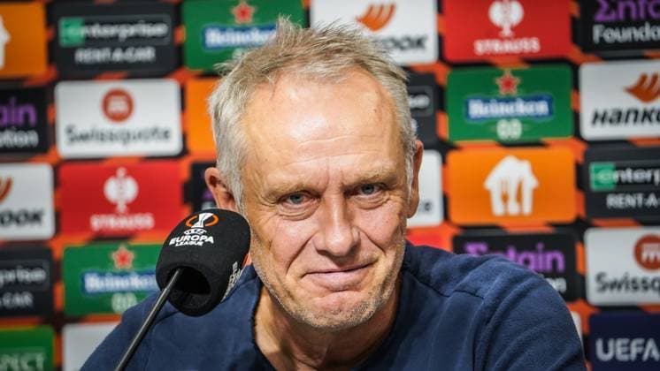 Coach Christian Streich SC Freiburg at the press conference 26 10 2023 Backa Topola, Serbia FK TSC Backa Topola vs SC Freiburg UEFA EUROPA LEAGUE 2023 2024 TSC Arena Backa Topolya, Football, Mens