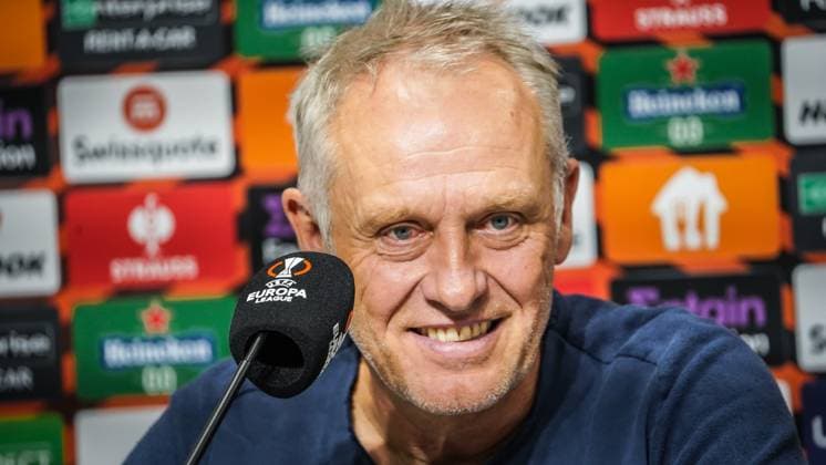 Coach Christian Streich SC Freiburg at the press conference 26 10 2023 Backa Topola, Serbia FK TSC Backa Topola vs SC Freiburg UEFA EUROPA LEAGUE 2023 2024 TSC Arena Backa Topolya, Football, Mens