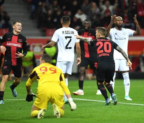26 10 2023, Leverkusen, Germany, BayARENA, Bayer Leverkusen vs Qarabag Agdam UEFA Europa League 2023 2024 Group H, Alejandro Grimaldo Bayer 04 Leverkusen goal celebration, cheers after scoring 2 1 Photo Ralf Treese Leverkusen BayARENA North Rhine Westphalia Germany. 521_LEVQAR20231026_012 Treese-521