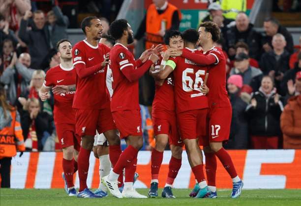 Liverpool FC v Toulouse FC: Group E - UEFA Europa League 2023 24 Wataru Endo, of Liverpool celebrates his goal with Curtis Jones and Trent Alexander-Arnold of Liverpool during the UEFA Europa League 2023 24 match between Liverpool FC and Toulouse FC at Anfield on October 26, 2023 in Liverpool, England. Liverpool Anfield England United Kingdom Copyright: xRichardxSellers Sportsphoto APLx 13958559