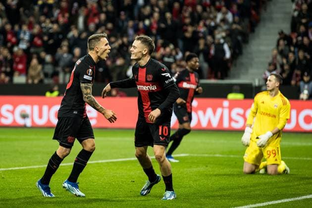 UEFA Europa League, Bayer 04 Leverkusen Qarabag Agdam 26 10 2023 Cheers for 2 1 by Alejandro Grimaldo Bayer 04 Leverkusen, 20 UEFA Europa League, Bayer 04 Leverkusen Qarabag Agdam, BayArena Leverkusen on 26 10 2023 Copyright: xBEAUTIFULxSPORTS Wunderlx