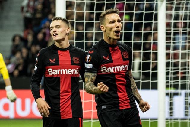 UEFA Europa League, Bayer 04 Leverkusen Qarabag Agdam 26 10 2023 Cheers for 2 1 by Alejandro Grimaldo Bayer 04 Leverkusen, 20 UEFA Europa League, Bayer 04 Leverkusen Qarabag Agdam, BayArena Leverkusen on 26 10 2023 Copyright: xBEAUTIFULxSPORTS Wunderlx