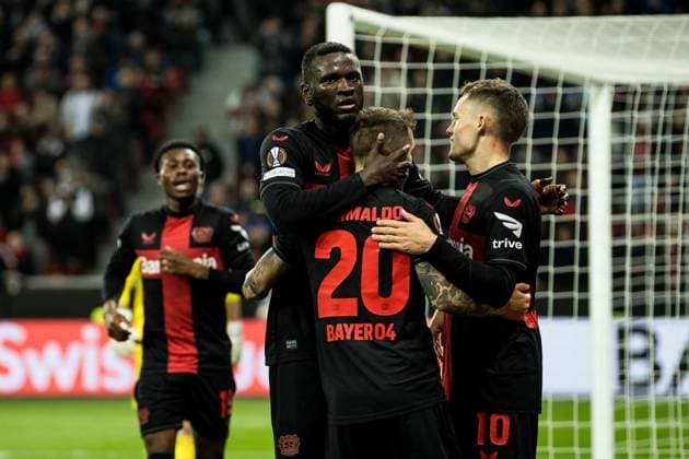 UEFA Europa League, Bayer 04 Leverkusen Qarabag Agdam 26 10 2023 Cheers for 2 1 by Alejandro Grimaldo Bayer 04 Leverkusen, 20 UEFA Europa League, Bayer 04 Leverkusen Qarabag Agdam, BayArena Leverkusen on 26 10 2023 Copyright: xBEAUTIFULxSPORTS Wunderlx