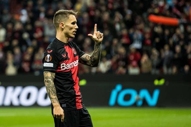 UEFA Europa League, Bayer 04 Leverkusen Qarabag Agdam 26 10 2023 Cheers for 2 1 by Alejandro Grimaldo Bayer 04 Leverkusen, 20 UEFA Europa League, Bayer 04 Leverkusen Qarabag Agdam, BayArena Leverkusen on 26 10 2023 Copyright: xBEAUTIFULxSPORTS Wunderlx