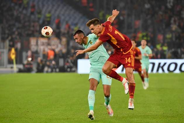Ivan Schranz of Slavia Prague and Diego Llorente of AS Roma during the Europa League Group G football match between AS Roma and SK Slavia Prague at Olimpico stadium in Rome (Italy), October 26th, 2023. AntoniettaxBaldassarre