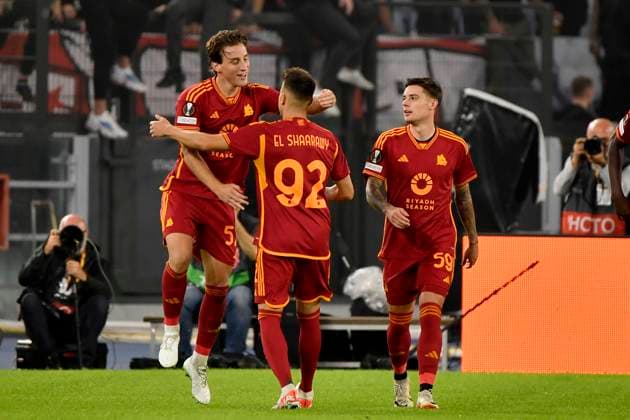 Edoardo Bove of AS Roma celebrates with Stephan El Shaarawy after scoring the goal of 1-0 during the Europa League Group G football match between AS Roma and SK Slavia Prague at Olimpico stadium in Rome (Italy), October 26th, 2023. AntoniettaxBaldassarre