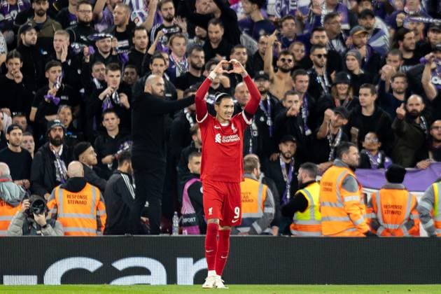 Liverpool v Toulouse Europa League 26 10 2023. GOAL 3-1 Liverpool forward Darwin Nunez (9) scores and celebrates during the Europa League match between Liverpool and Toulouse at Anfield, Liverpool, England on 26 October 2023. Editorial use only , Copyright: xIanxStephenx PSI-18281-0017