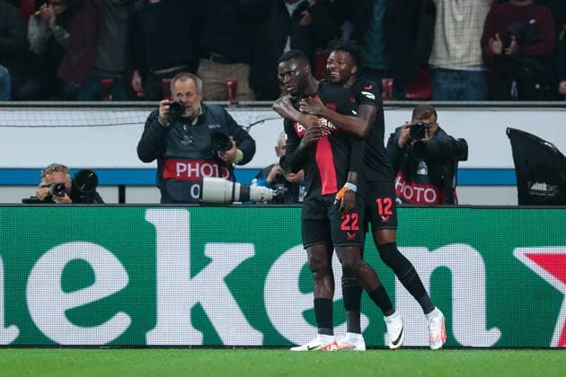 26 10 2023, Football, 2023 2024 season, UEFA Europa League, Group stage, Matchday 3, Bayer 04 Leverkusen Qarabag Agdam, v l Victor Boniface Bayer 04 Leverkusen , Edmond Tapsoba Bayer 04 Leverkusen celebrate the goal to make it 3 1, Leverkusen BayArena NRW Germany xRHR PHOTO DEx Copyright: DennisxEwert RHR-FOTOx RHR-FOTO DE