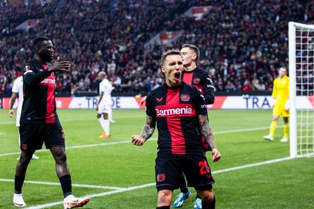 Leverkusen, Bayarena, 26 10 23 Alejandro Grimaldo of Leverkusen celebrates scoring the 2 1 goal during the Europa League match Bayer 04 Leverkusen vs Qarabag Agdam