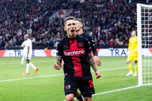 Leverkusen, Bayarena, 26 10 23 Alejandro Grimaldo of Leverkusen celebrates scoring the 2 1 goal during the Europa League match Bayer 04 Leverkusen vs Qarabag Agdam