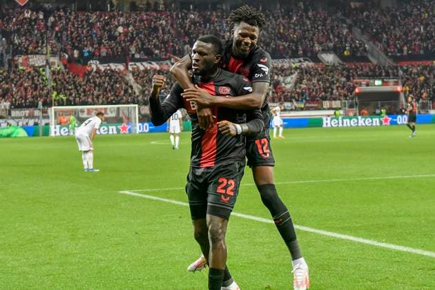 Victor Boniface 22, Bayer Leverkusen cheers after scoring 3 1 with Edmond Tapsoba 12, Bayer Leverkusen 26 10 2023 Football Europa League, Bayer 04 Leverkusen vs Qarabag Agdam , BayArena, Leverkusen, NRW Germany Copyright: xpepphotox xHorstxMauelshagenx pep00321, pep_20231026_hm