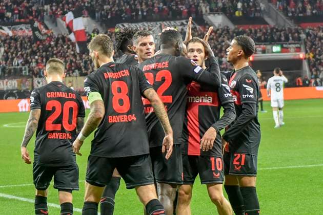 Victor Boniface 22, Bayer Leverkusen cheers after scoring 3 1 with the team 26 10 2023 Football Europa League, Bayer 04 Leverkusen vs Qarabag Agdam , BayArena, Leverkusen, NRW Germany Copyright: xpepphotox xHorstxMauelshagenx pep00321, pep_20231026_hm