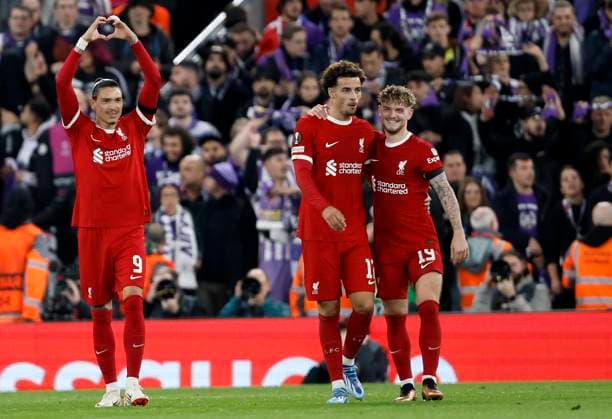 Liverpool FC v Toulouse FC: Group E - UEFA Europa League 2023 24 Darwin Nunez, Curtis Jones and Harvey Elliott of Liverpool celebrate 3rd goal during the UEFA Europa League 2023 24 match between Liverpool FC and Toulouse FC at Anfield on October 26, 2023 in Liverpool, England. Liverpool Anfield England United Kingdom Copyright: xRichardxSellers Sportsphoto APLx 13958565