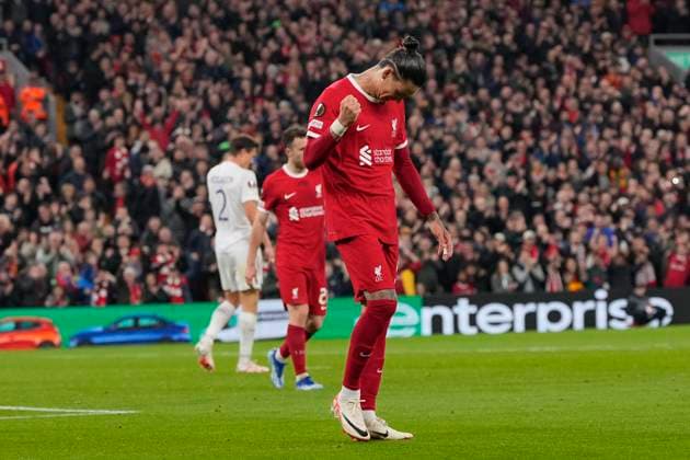 UEFA Europa League Liverpool v Toulouse Darwin Nunez 9 of Liverpool celebrates scoring to make it 3-1 during the UEFA Europa League match Liverpool vs Toulouse at Anfield, Liverpool, United Kingdom, 26th October 2023 (Photo by Steve Flynn News Images) Liverpool Anfield Merseyside United Kingdom Copyright: xStevexFlynn NewsxImagesx