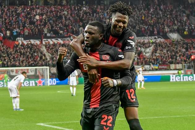 Victor Boniface 22, Bayer Leverkusen cheers after scoring 3 1 with the team 26 10 2023 Football Europa League, Bayer 04 Leverkusen vs Qarabag Agdam , BayArena, Leverkusen, NRW Germany Copyright: xpepphotox xHorstxMauelshagenx pep00321, pep_20231026_hm