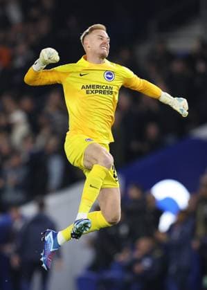 Brighton and Hove, England, 26th October 2023. Jason Steele of Brighton and Hove Albion celebrates after Joao Pedro of Brighton and Hove Albion scores the opening goal during the UEFA Europa League match at the AMEX Stadium, Brighton and Hove. Picture credit should read: Paul Terry Sportimage EDITORIAL USE ONLY. No use with unauthorised audio, video, data, fixture lists, club league logos or live services. Online in-match use limited to 120 images, no video emulation. No use in betting, games or single club league player publications. SPI-2677-0021