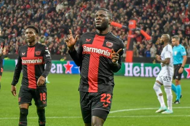 Victor Boniface 22, Bayer Leverkusen cheers after scoring 3 1 26 10 2023 Football Europa League, Bayer 04 Leverkusen vs Qarabag Agdam , BayArena, Leverkusen, NRW Germany Copyright: xpepphotox xHorstxMauelshagenx pep00321, pep_20231026_hm
