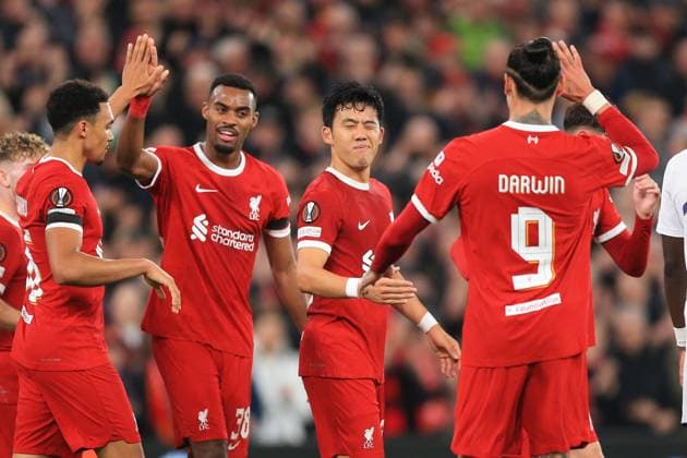 Liverpool gegen Toulouse 26. Oktober 2023, Liverpool UEFA Europa League Fußball Gruppe E Liverpool gegen Toulouse Wataru Endo von Liverpool feiert sein zweites Tor Foto von Daniel Chesterton Liverpool UK  Copyright: xDanielxChestertonxOffside