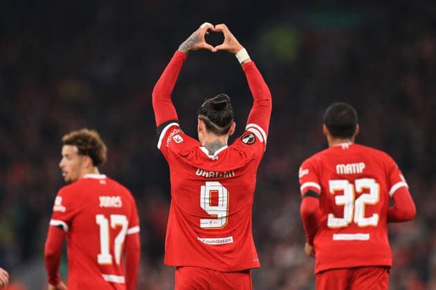 Liverpool gegen Toulouse 26. Oktober 2023, Liverpool UEFA Europa League Fußball Gruppe E Liverpool gegen Toulouse Darwin Nunez von Liverpool feiert seinen dritten Treffer Foto von Daniel Chesterton Liverpool UK  Copyright: xDanielxChestertonxOffside