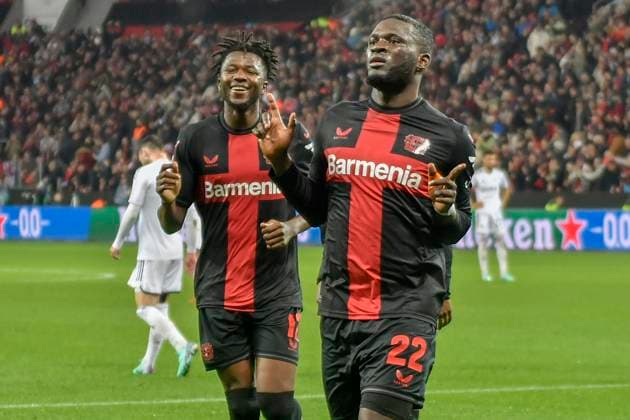 Victor Boniface 22, Bayer Leverkusen cheers after scoring 3 1 with Edmond Tapsoba 12, Bayer Leverkusen 26 10 2023 Football Europa League, Bayer 04 Leverkusen vs Qarabag Agdam , BayArena, Leverkusen, NRW Germany Copyright: xpepphotox xHorstxMauelshagenx pep00321, pep_20231026_hm