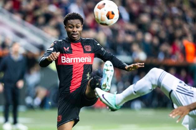 Leverkusen, Bayarena, 26 10 23 Nathan Tella of Leverkusen challenges during the Europa League match Bayer 04 Leverkusen vs Qarabag Agdam
