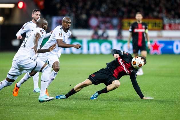 Leverkusen, Bayarena, 26 10 23 Florian Wirtz of Leverkusen R challenges Julio Romao of Qarabag during the Europa League match Bayer 04 Leverkusen vs Qarabag Agdam