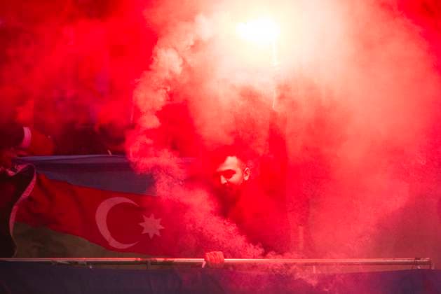 Leverkusen, Bayarena, 26 10 23 Qarabag fans with some bengal fire during the Europa League match Bayer 04 Leverkusen vs Qarabag Agdam