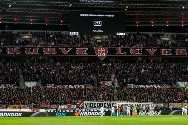 UEFA Europa League, Bayer 04 Leverkusen Qarabag Agdam 26 10 2023 VAR penalty kick is reviewed Below banner in the Nordkurve abolish video evidence UEFA Europa League, Bayer 04 Leverkusen Qarabag Agdam, BayArena Leverkusen on 26 10 2023 Copyright: xBEAUTIFULxSPORTS Wunderlx