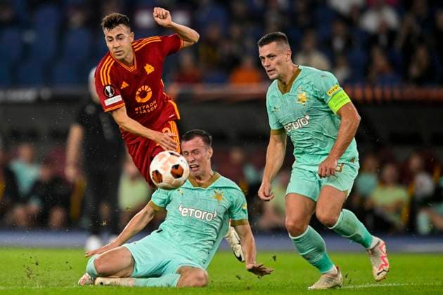 Stephan El Shaarawy of AS Roma, Tomas Vlcekof and Lukas Masopust of Slavia Prague compete for the ball during the Europa League Group G football match between AS Roma and SK Slavia Prague at Olimpico stadium in Rome (Italy), October 26th, 2023. andreaxstaccioli
