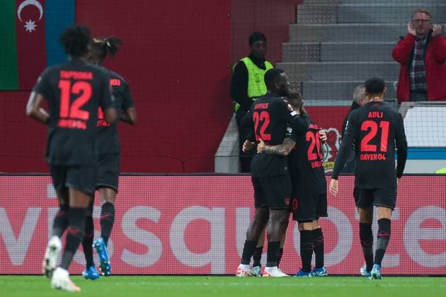 26 10 2023, Football, 2023 2024 season, UEFA Europa League, Group stage, Matchday 3, Bayer 04 Leverkusen Qarabag Agdam, Bayer Leverkusen players celebrate the goal to 2 1 by Alejandro Grimaldo Bayer 04 Leverkusen , Leverkusen BayArena NRW Germany xRHR PHOTO DEx Copyright: DennisxEwert RHR-FOTOx RHR-FOTO DE
